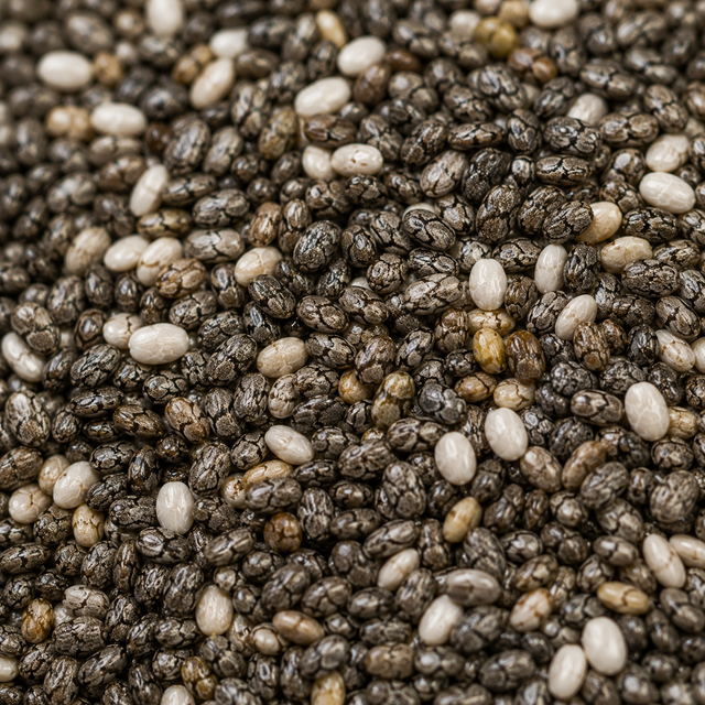 Close-up of chia seeds with a mix of black, white, and brown colors.
