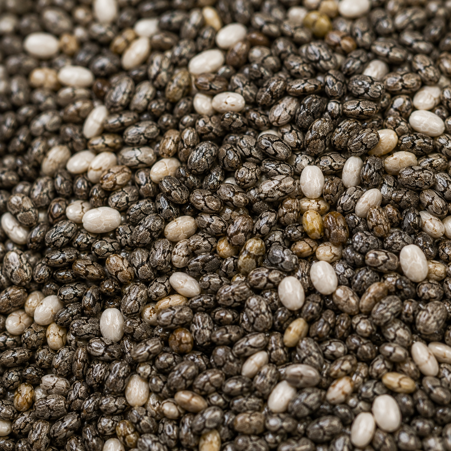 Close-up of chia seeds with a mix of black, white, and brown colors.