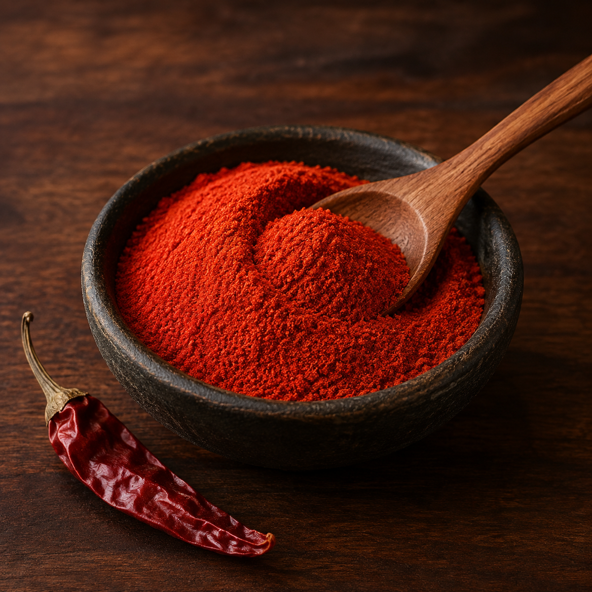 Organic chilli powder in a serving bowl