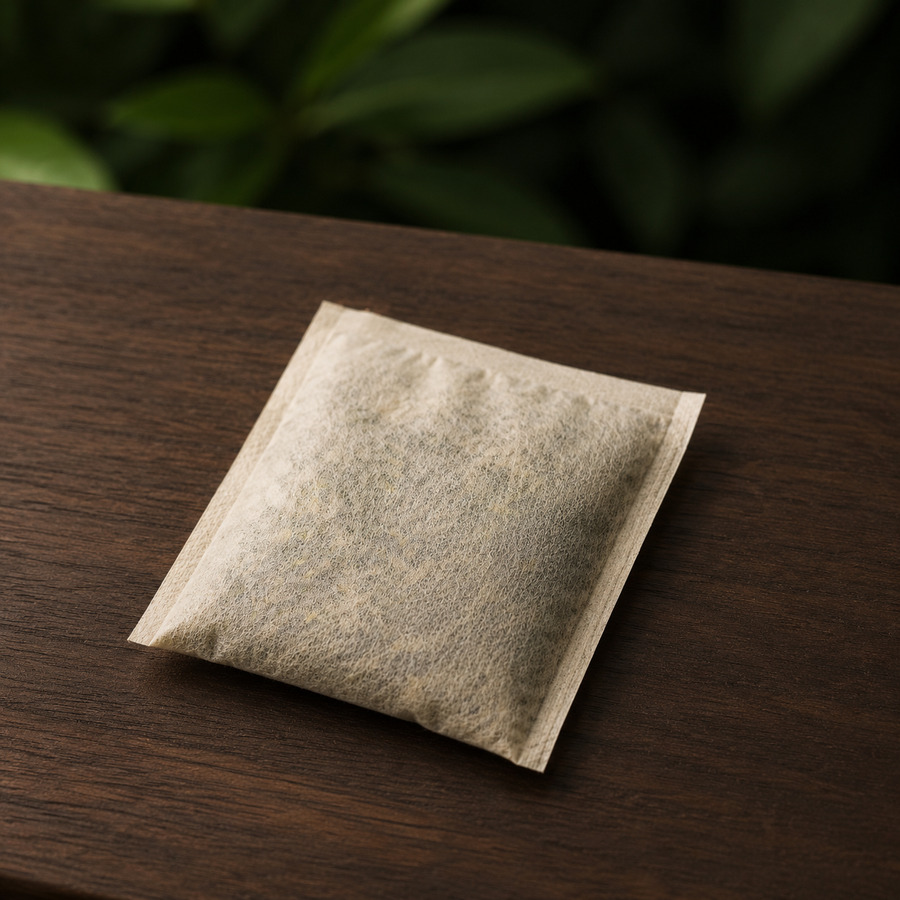 Unbleached Clipper decaf green tea bag on dark walnut