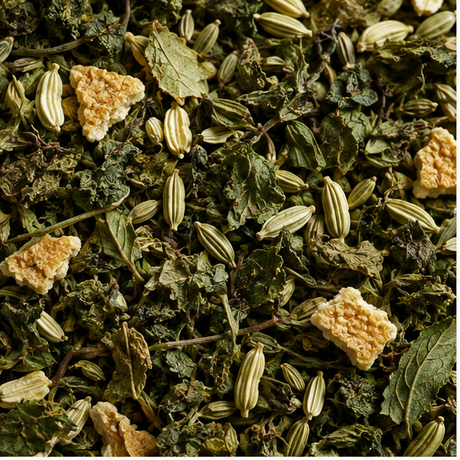 Organic citrus nettle and fennel tea blend close-up