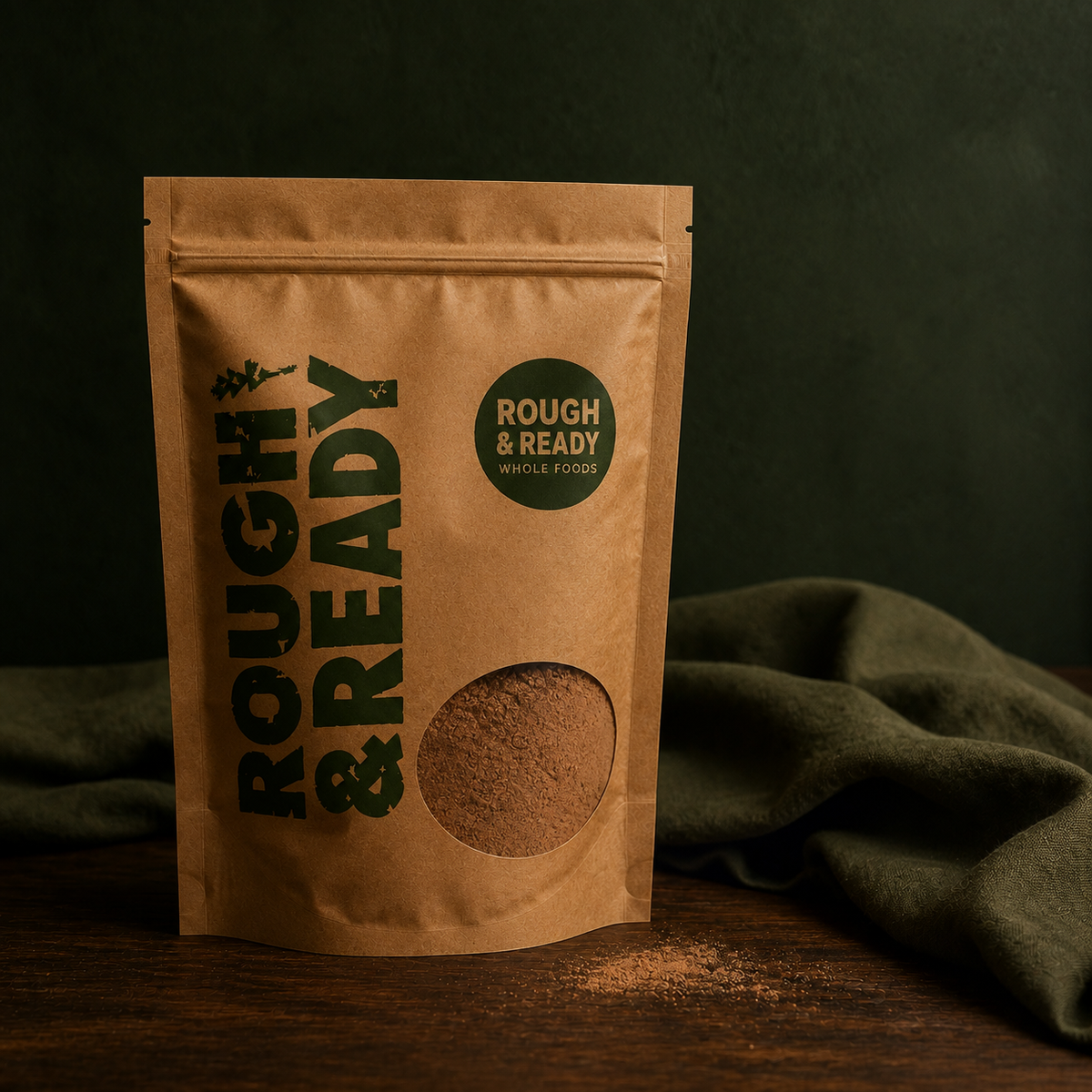 Organic cocoa powder in Rough and Ready pouch
