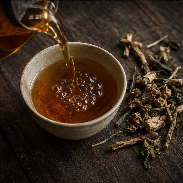 Organic dandelion tea being poured