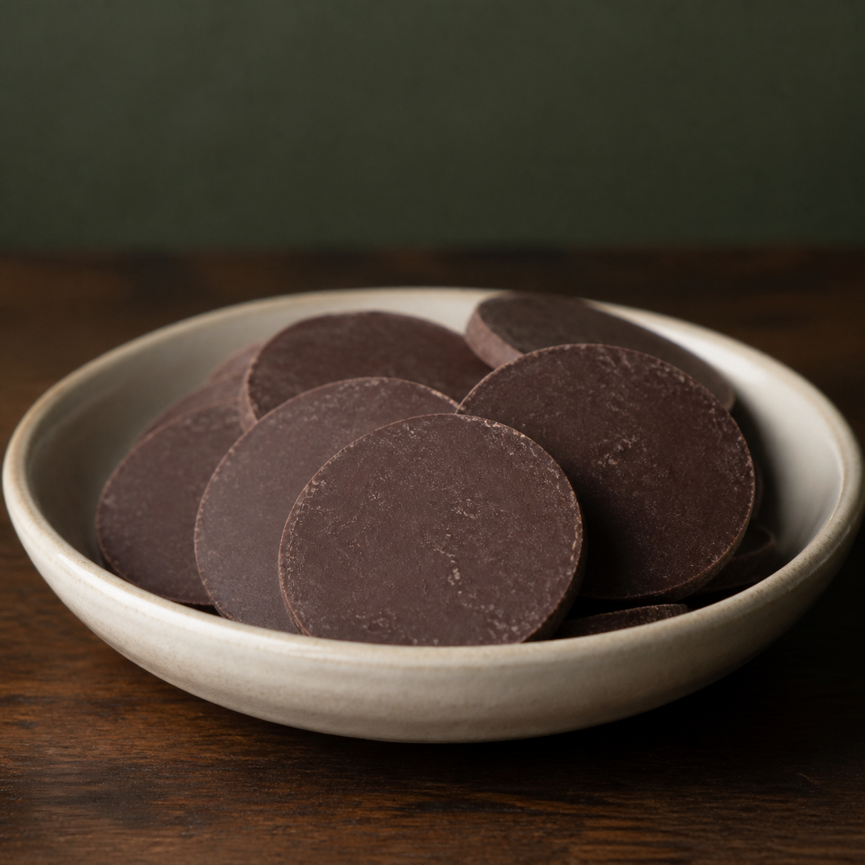Dark chocolate coins in a ceramic bowl