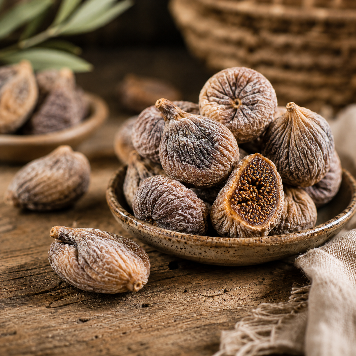 Dried figs in a rustic setting with a wooden surface and woven basket.