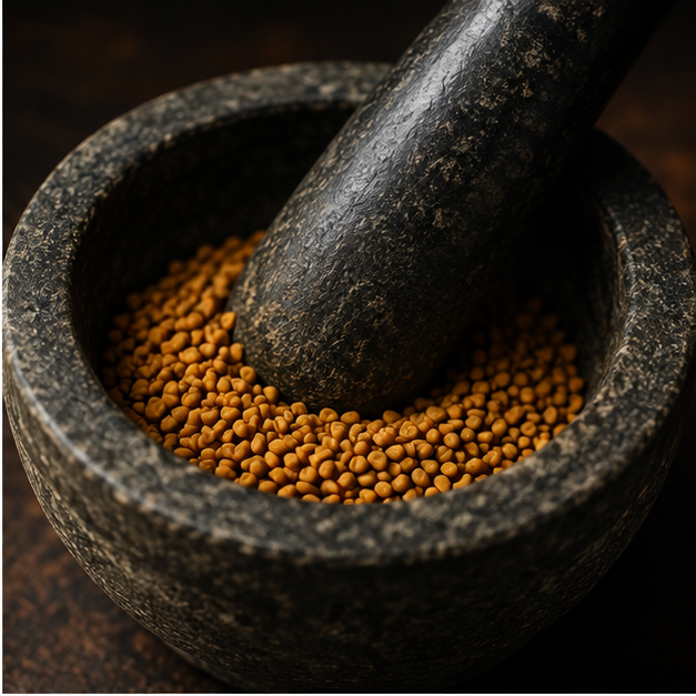 Organic fenugreek seeds in mortar and pestle