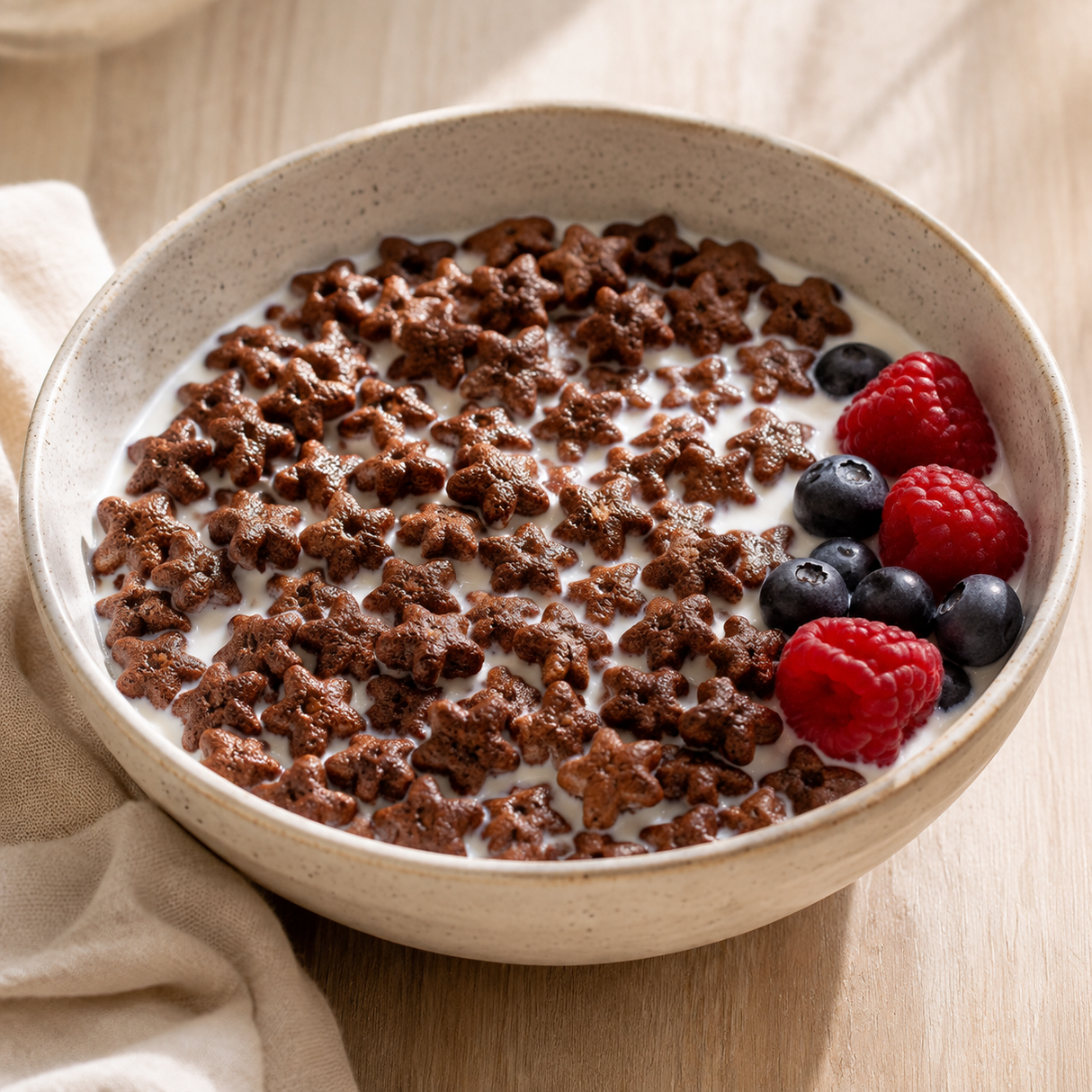 Chocolate star cereal served with milk and berries