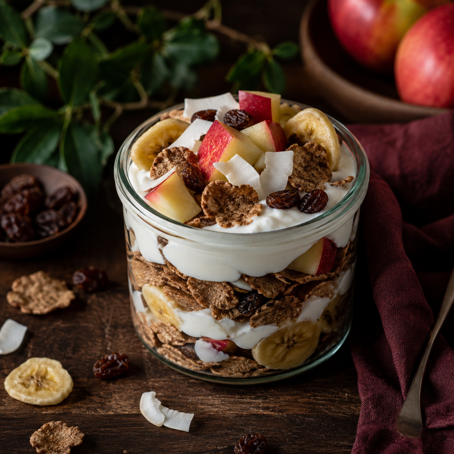 Fruit and fibre flakes yoghurt breakfast jar
