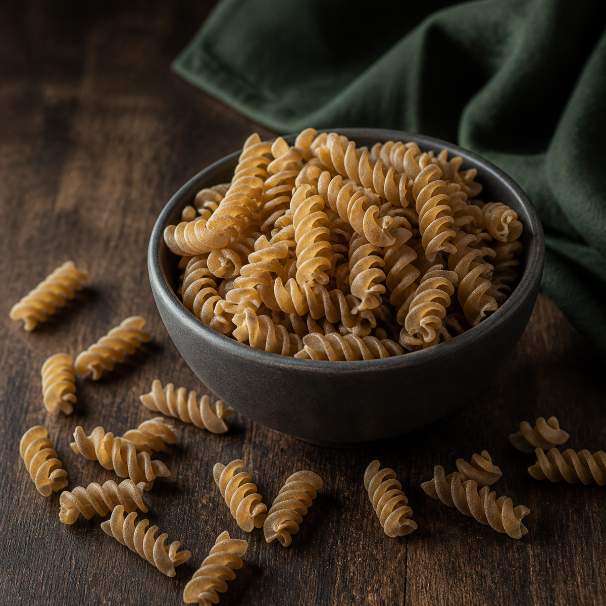 Dry organic brown rice fusilli in a dark bowl