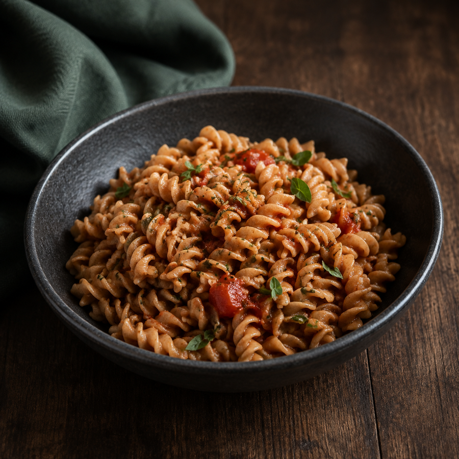 Cooked organic brown rice fusilli with a rustic tomato and herb sauce