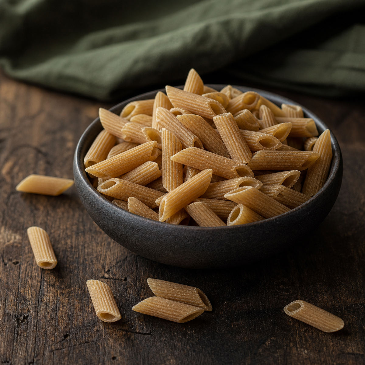 Dry organic brown rice penne in a dark bowl