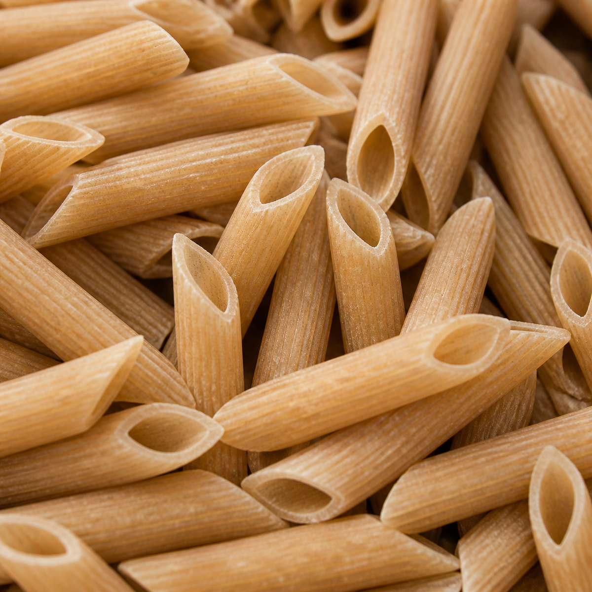 Extreme close-up of dry organic brown rice penne