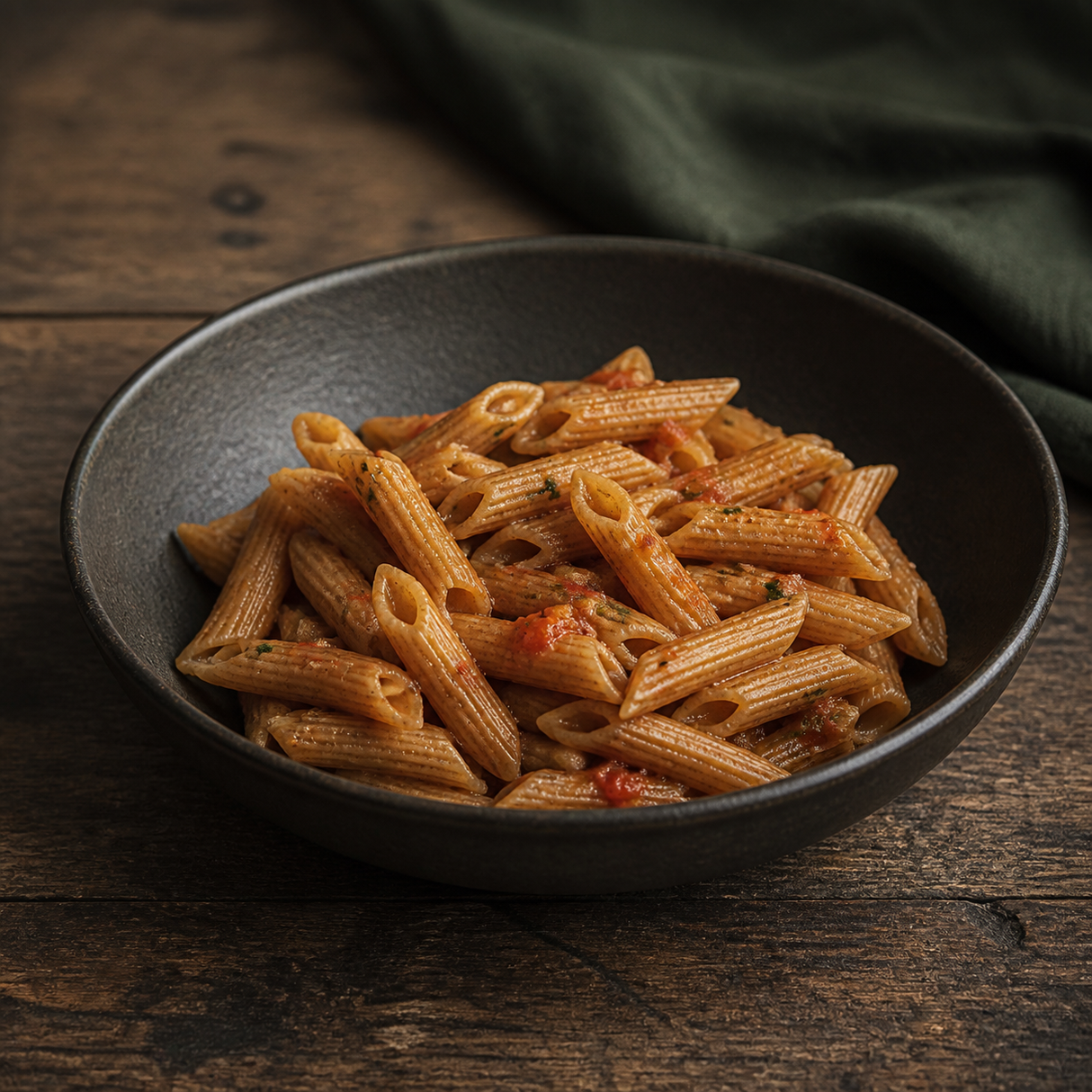 Cooked organic brown rice penne with a rustic tomato and herb sauce