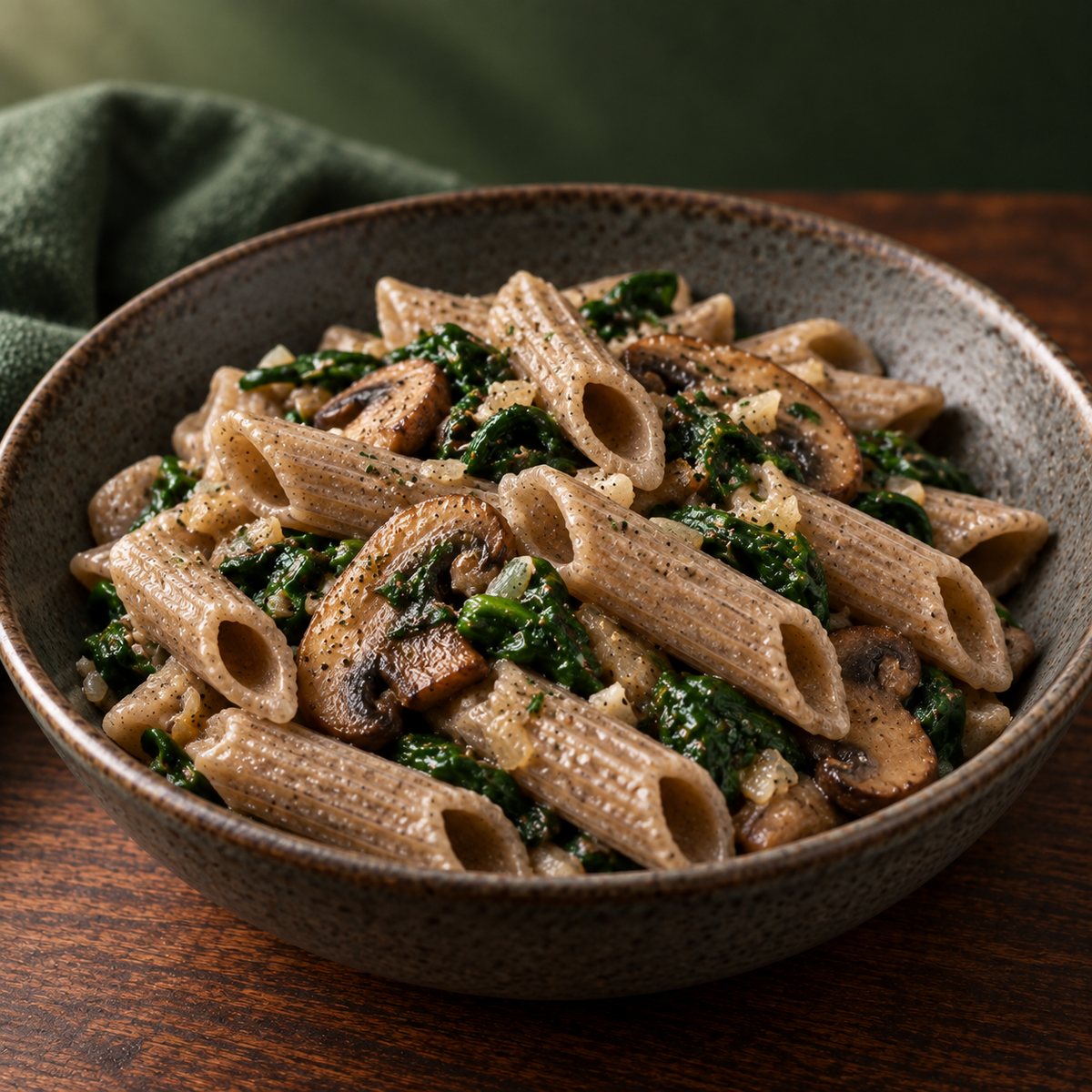 Organic buckwheat penne served with mushrooms and spinach