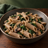Organic buckwheat penne served with mushrooms and spinach