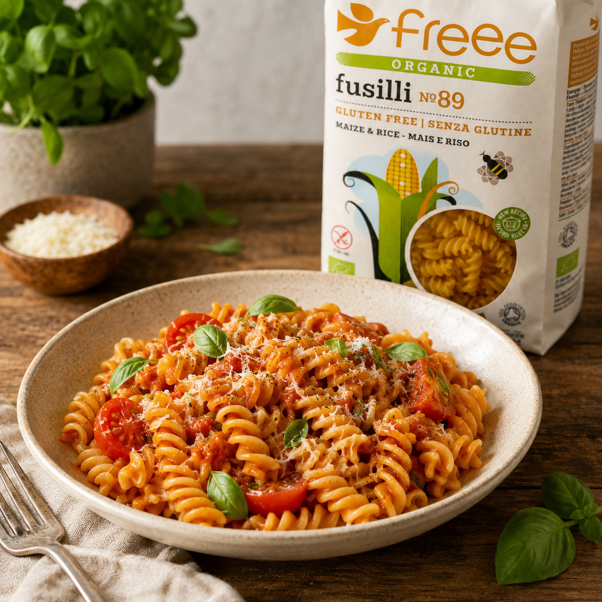 Freee Organic Gluten Free Maize & Rice Fusilli served with tomato and basil