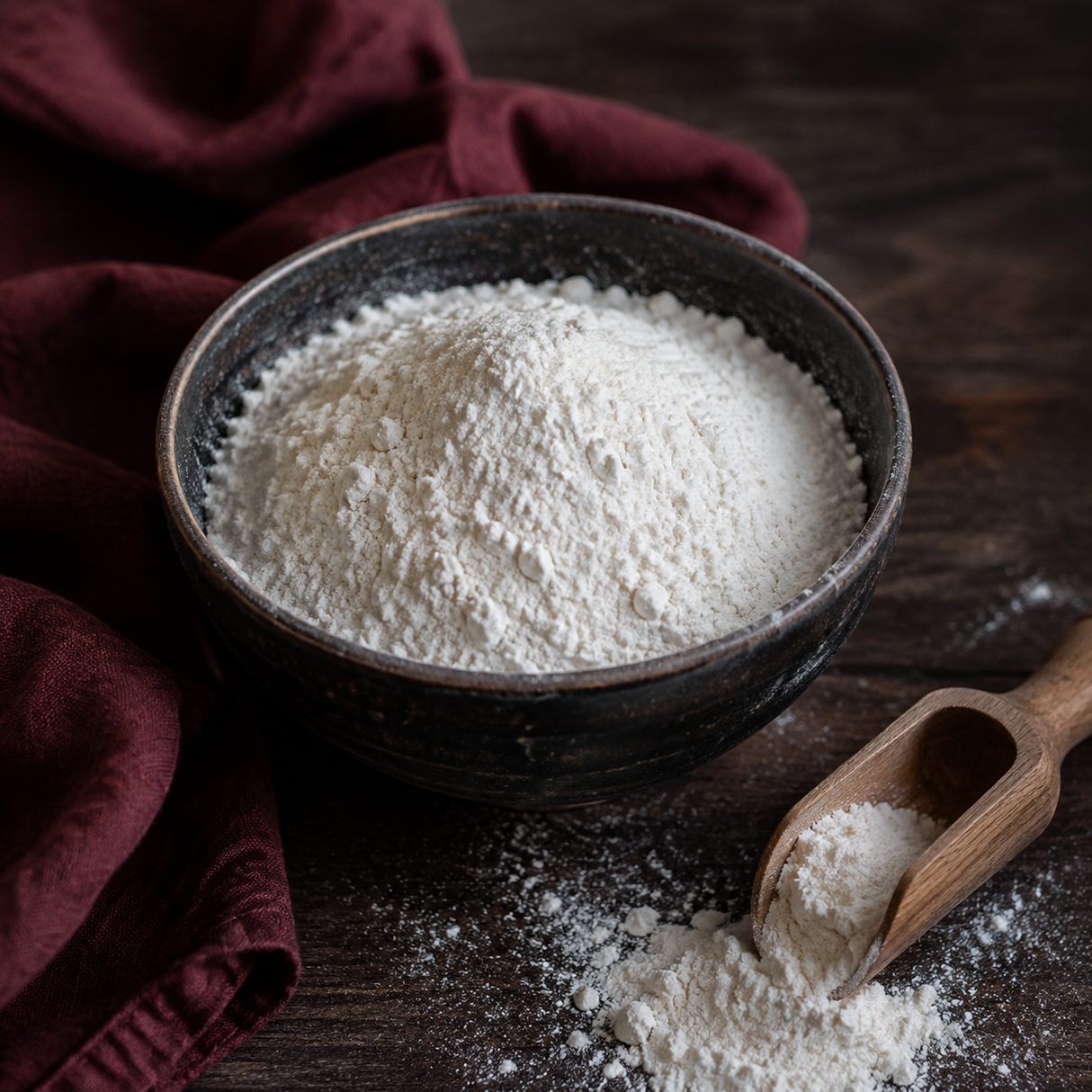 Plain white gluten-free flour in a ceramic bowl