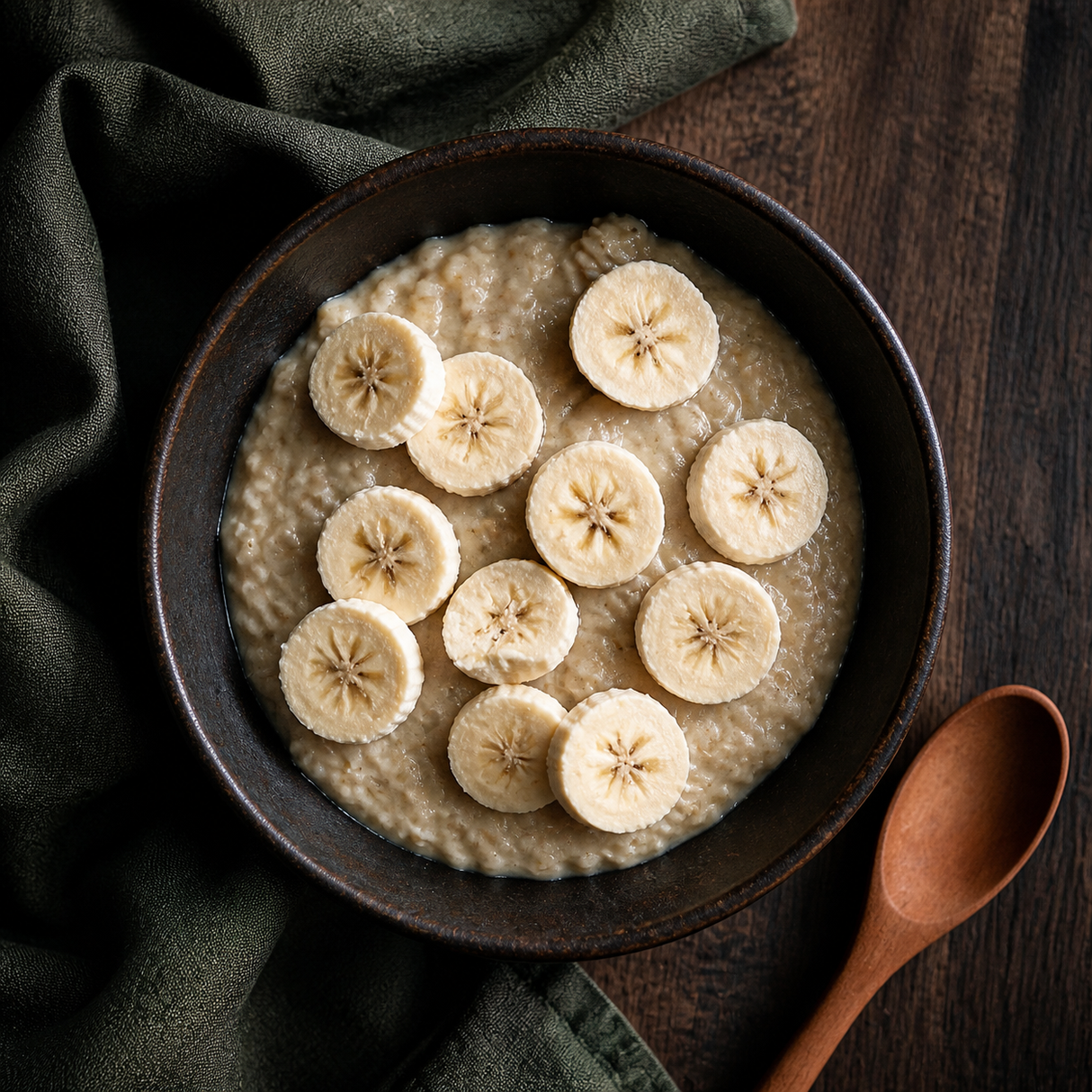 Porridge topped with freeze dried banana slices