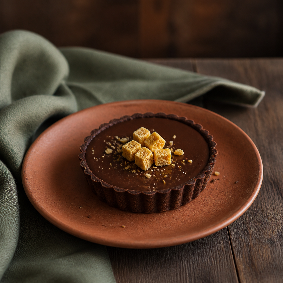 Chocolate tart topped with freeze-dried passion fruit cubes