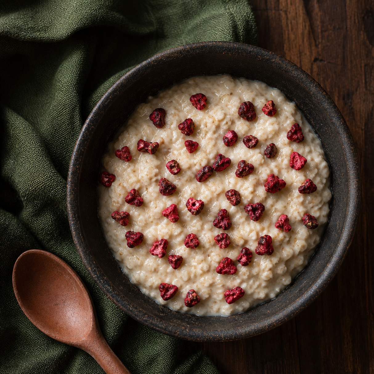 Porridge topped with freeze dried pomegranate seeds