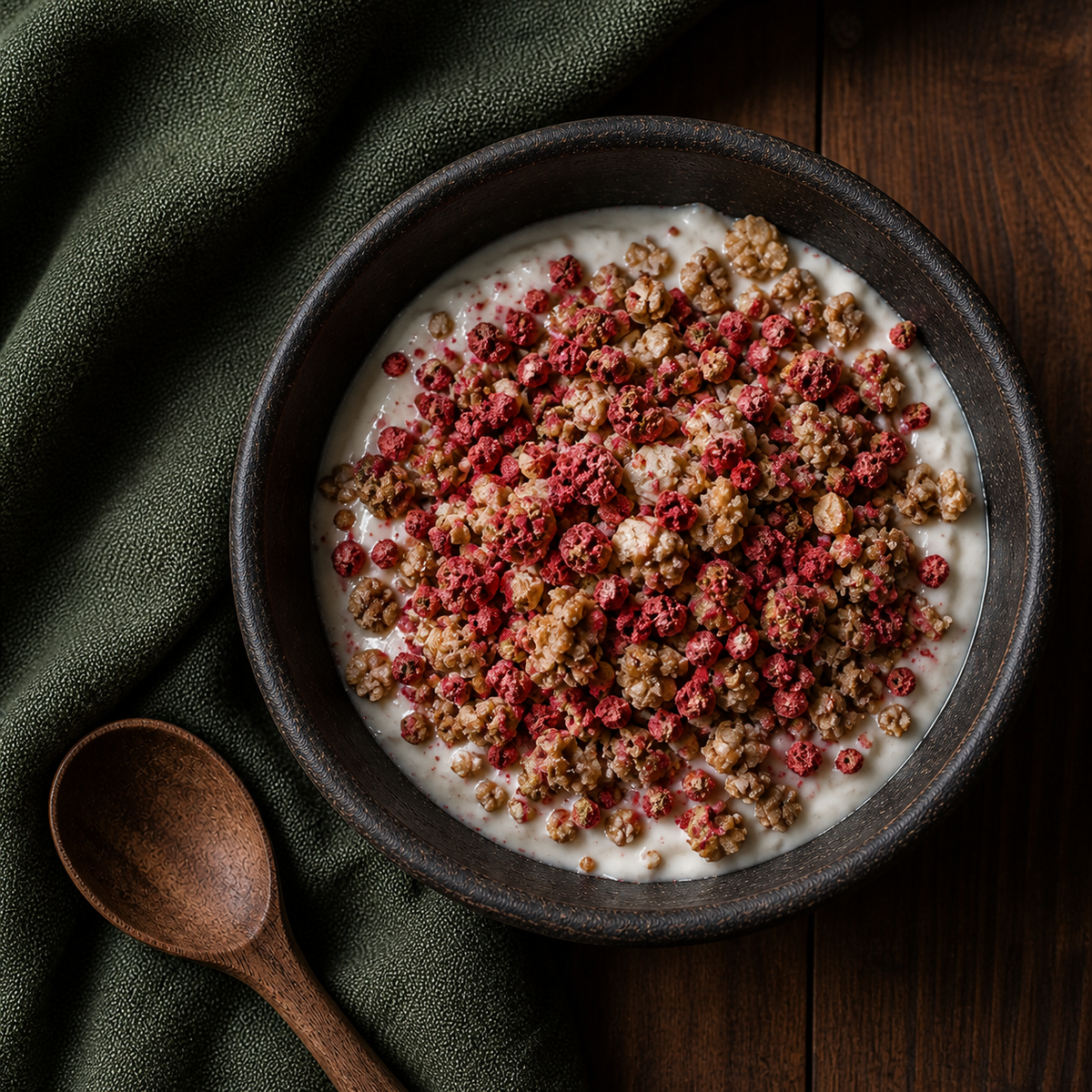 Freeze Dried Red Berry Nibs served with yoghurt