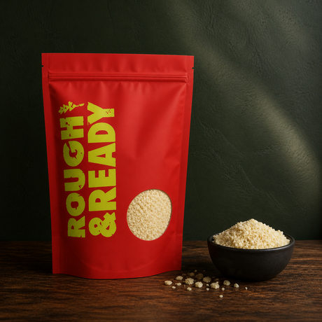 Freeze-dried small pineapple nibs in the red Rough & Ready pouch
