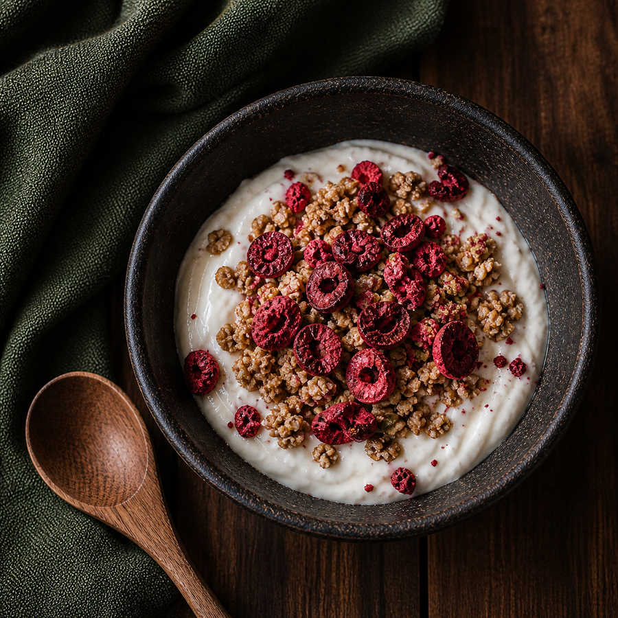 Freeze Dried Sour Sliced Cherries served with yoghurt