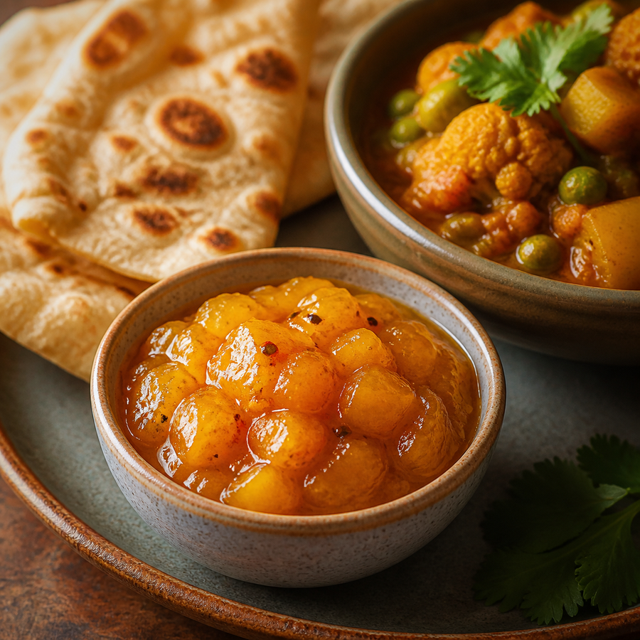 Mango chutney served with curry and flatbread