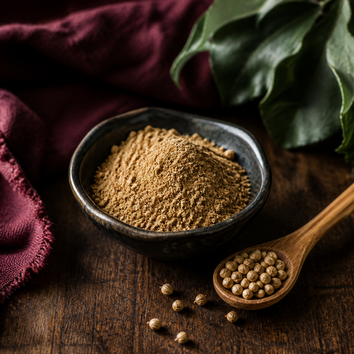 Organic ground coriander in a spice bowl