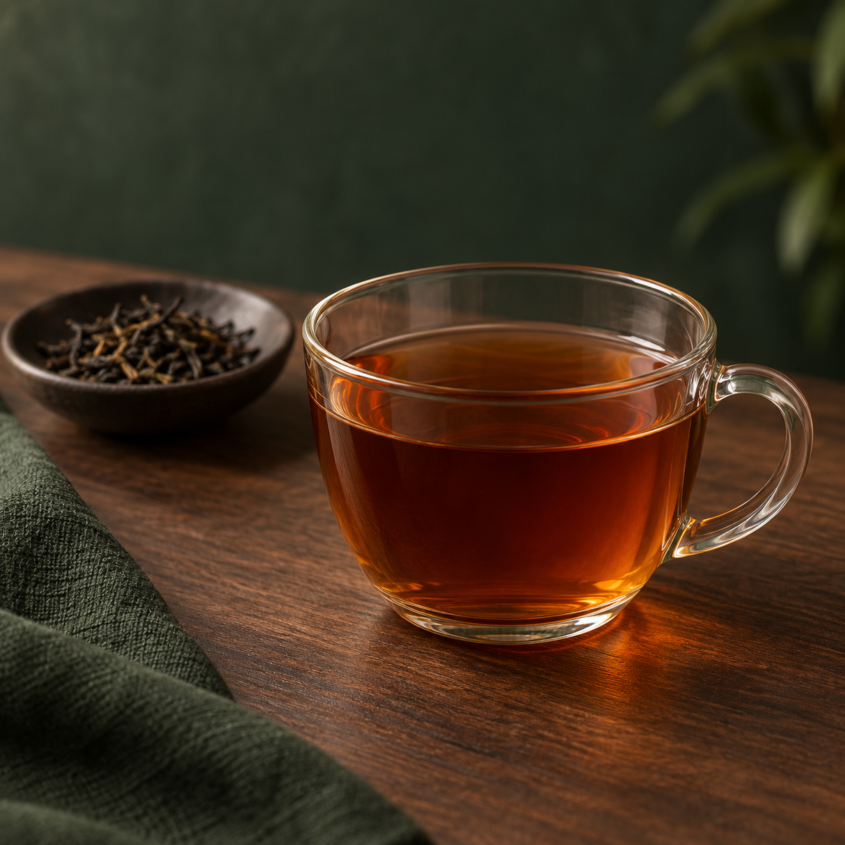 Brewed Darjeeling black tea in a clear glass cup