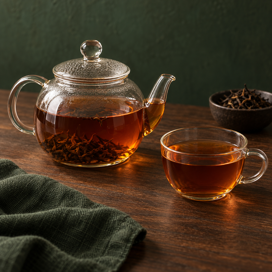Darjeeling black tea served from a glass teapot