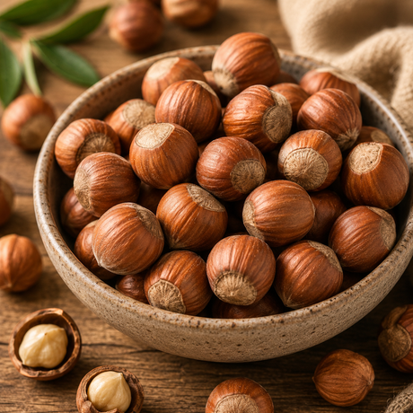 Bowl of hazelnuts on a wooden surface with leaves