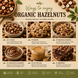 Infographic on ways to enjoy organic hazelnuts with images and text.