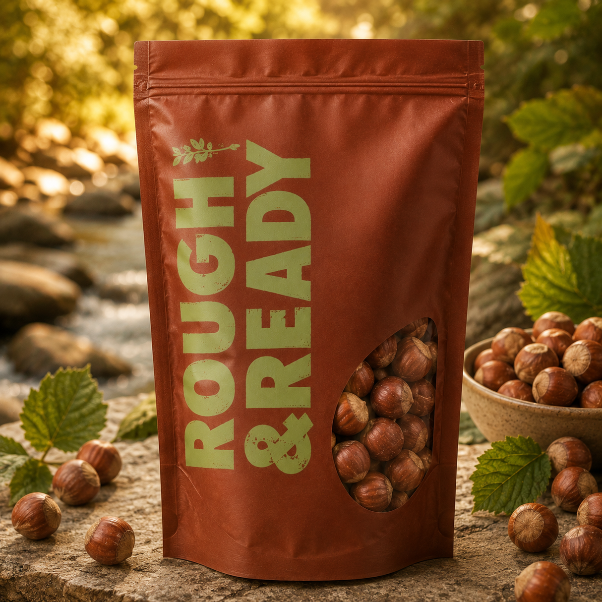Bag of Rough & Ready nuts with a natural background