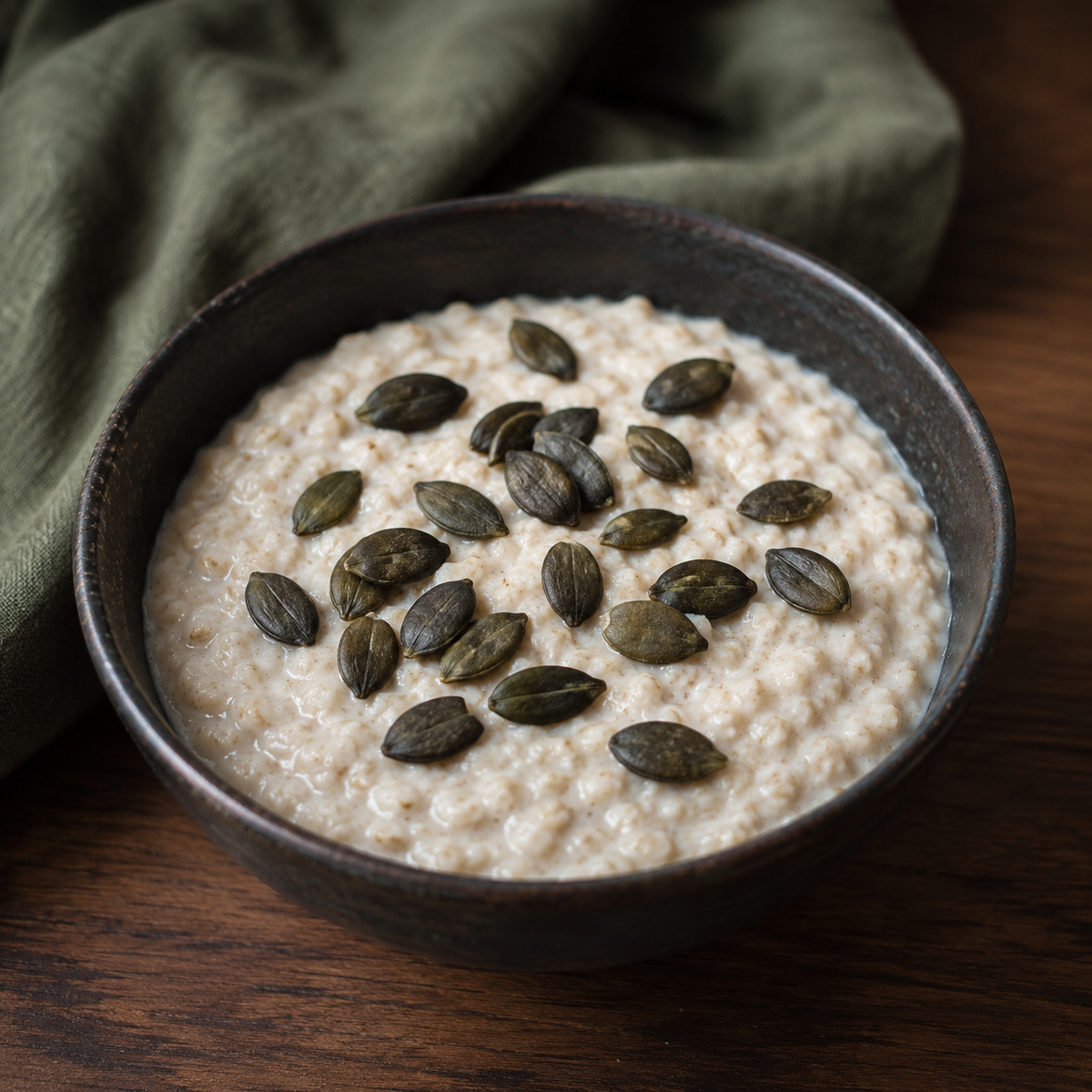 Austrian pumpkin seeds topping a modest bowl of porridge