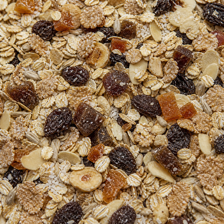 Infinity Foods bulk organic super muesli extreme close-up