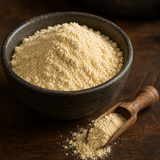Organic chickpea flour in a ceramic bowl