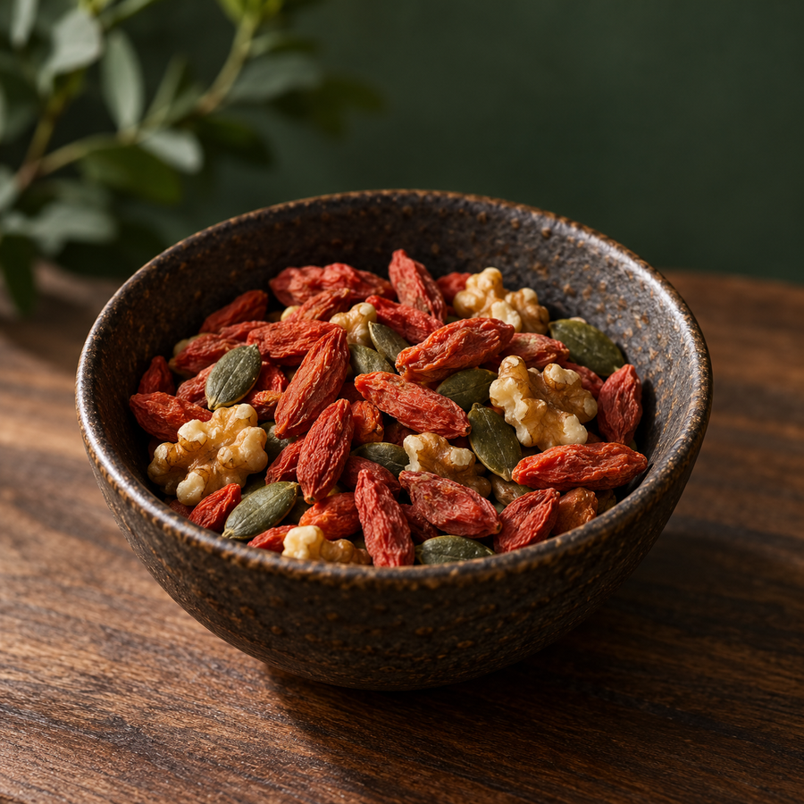 Dried goji berries in a simple trail mix