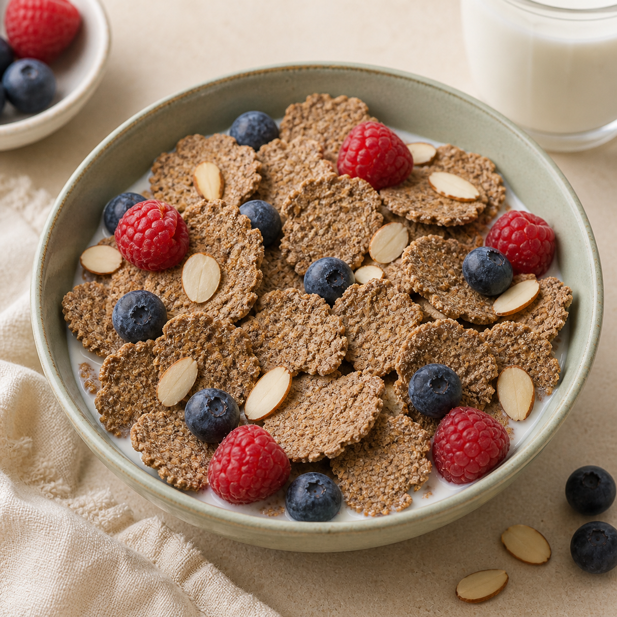 Organic bran flakes with milk, berries and almonds