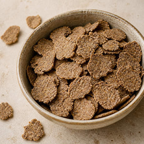 Close-up of Infinity Foods organic bran flakes in a cream bowl