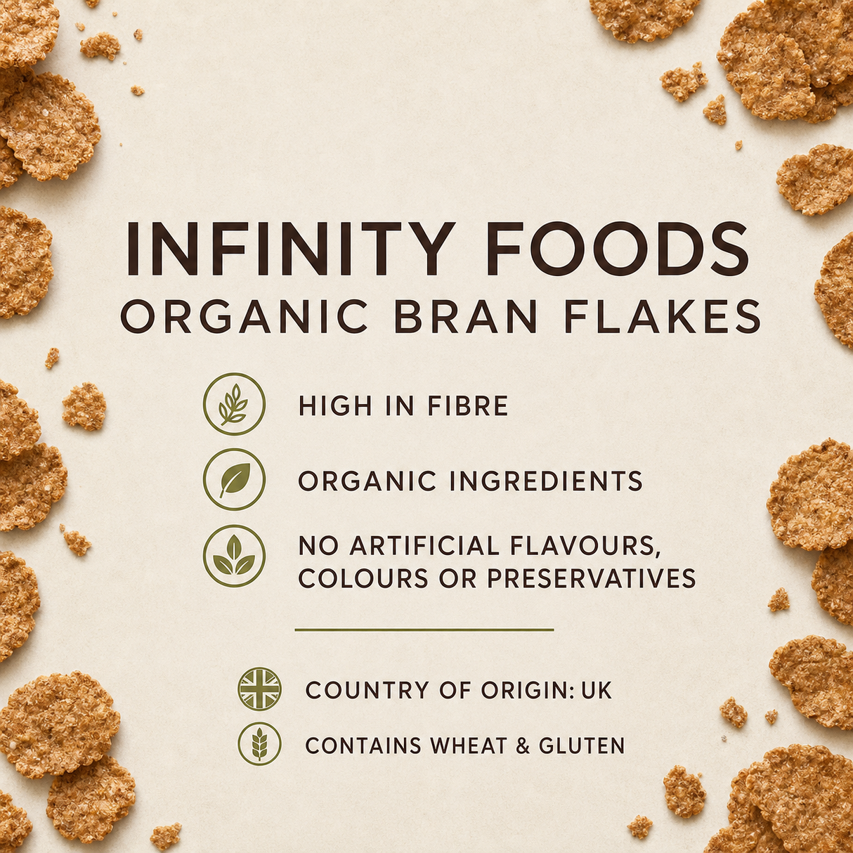 Infinity Foods Organic Bran Flakes product facts and allergen information