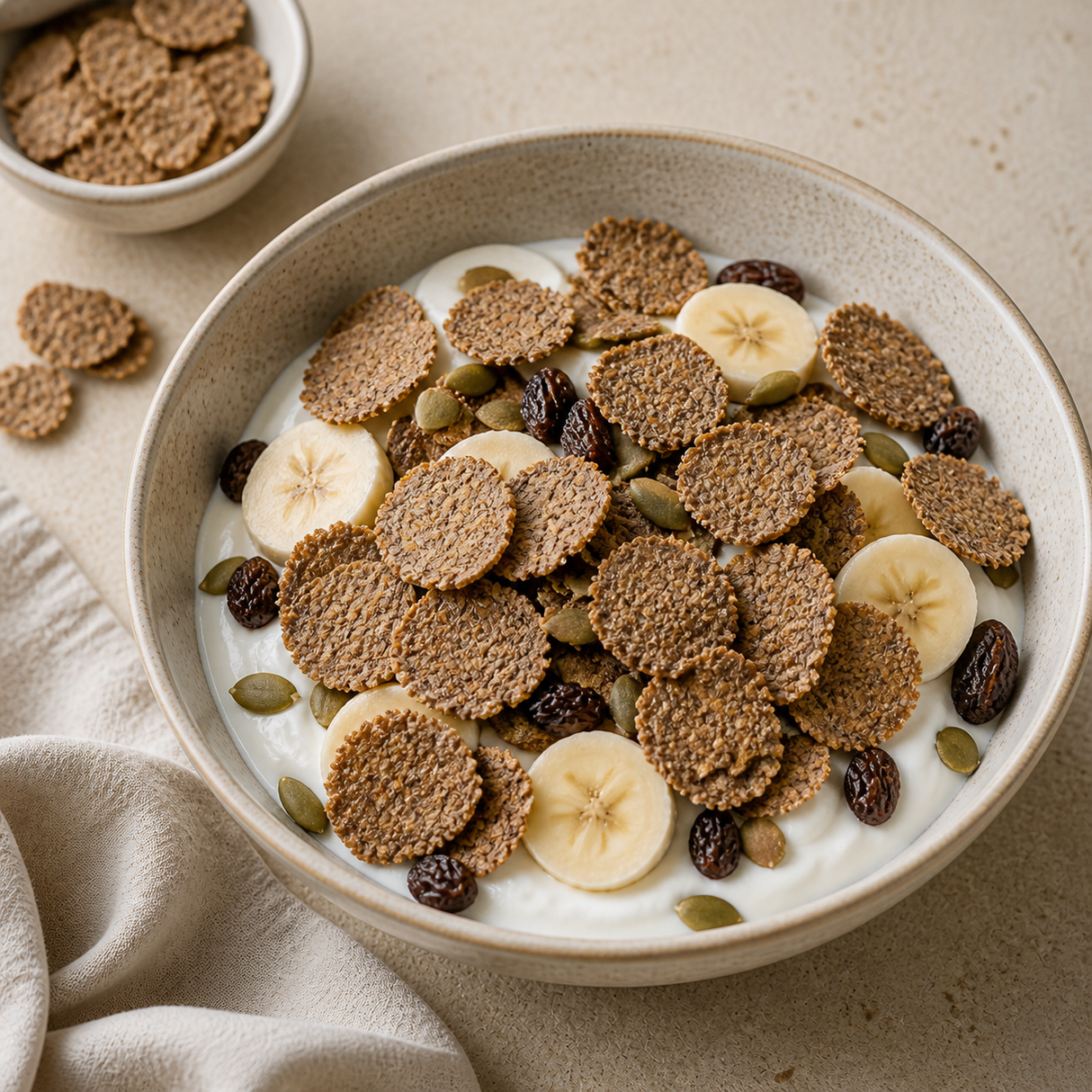 Organic bran flakes with yoghurt, banana, raisins and pumpkin seeds
