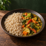 Brown jasmine rice served with vegetable curry