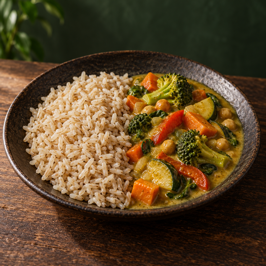 Brown jasmine rice served with vegetable curry