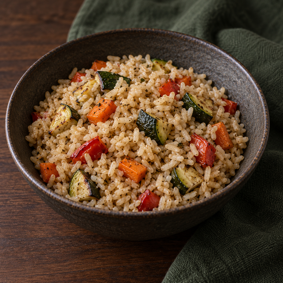 Infinity Foods Organic Brown Rice long grain serving with vegetables