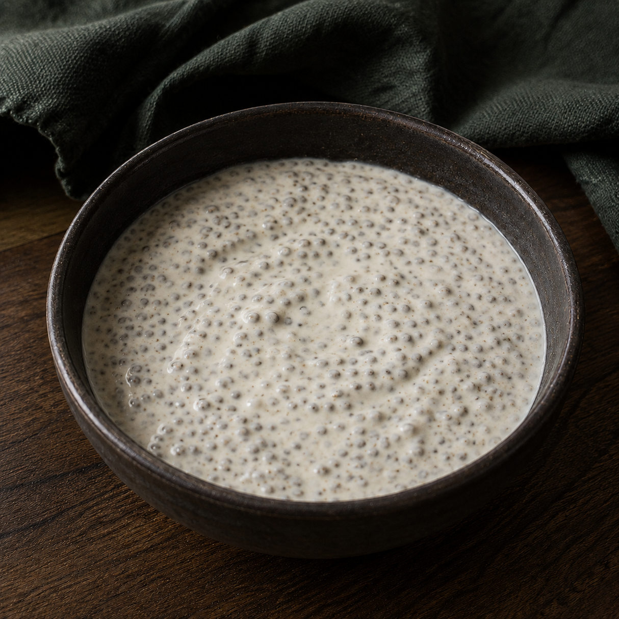 Plain chia pudding in a dark bowl