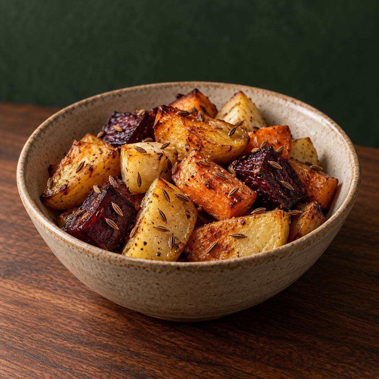 Roasted vegetables with organic cumin seeds