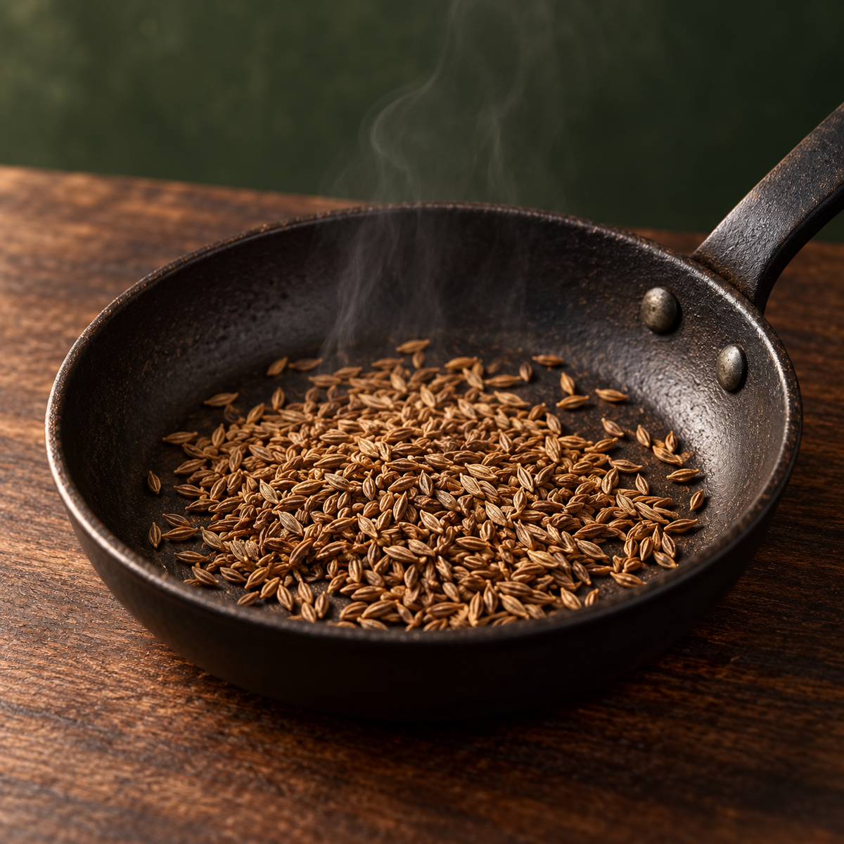 Organic cumin seeds gently toasting