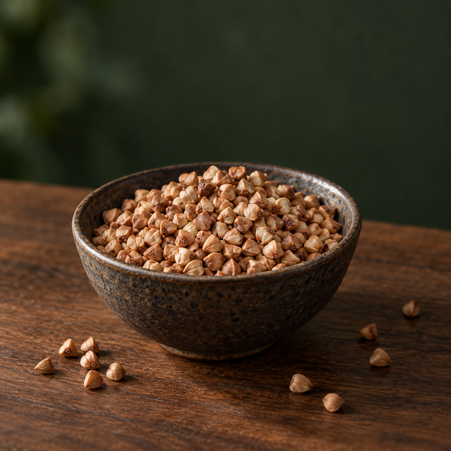 Infinity Foods Organic Kasha in a dark ceramic bowl