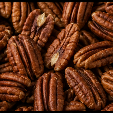 Organic pecan nut halves close-up